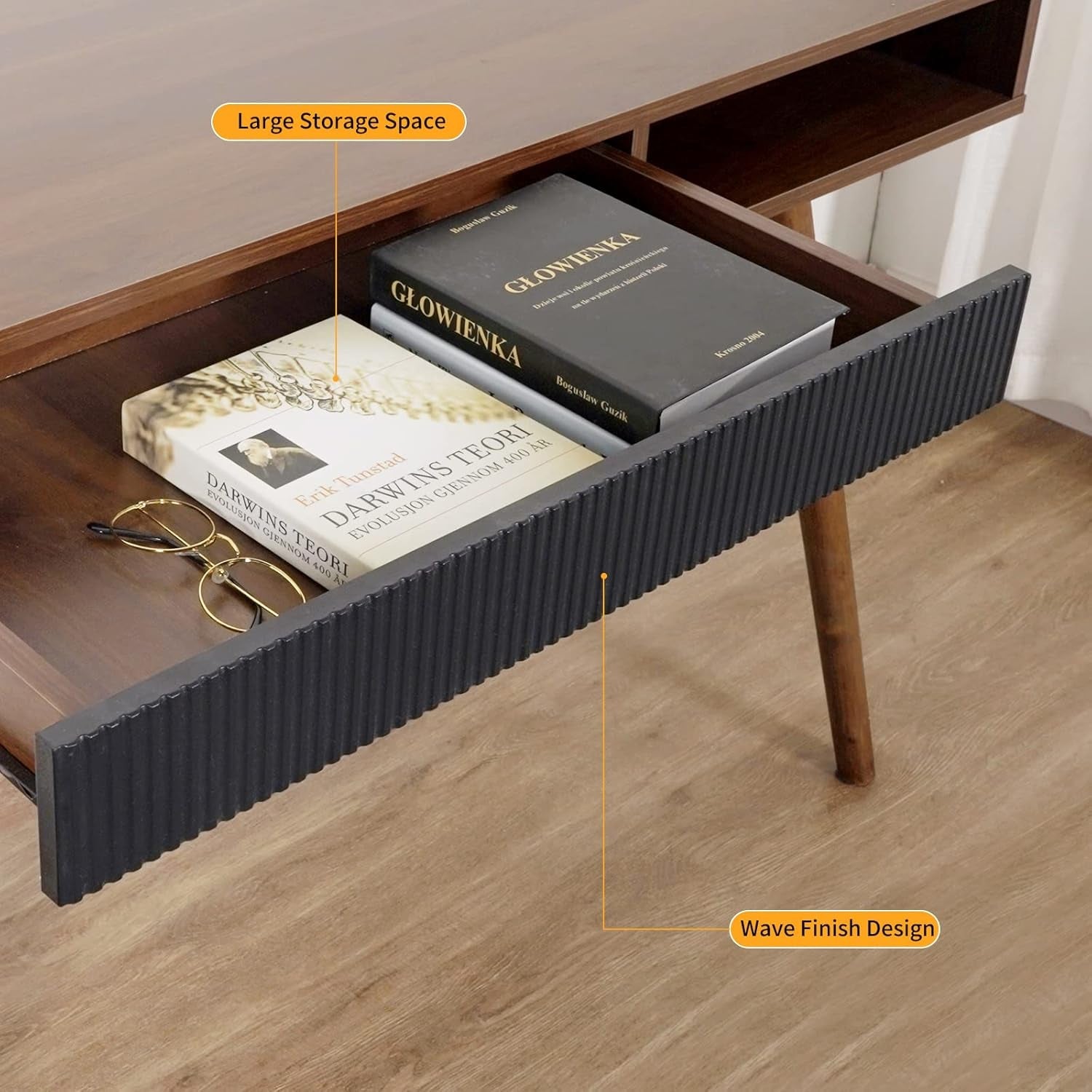 Office Desk Mid Century Modern Desk Writing Desk with Drawer Simple Home Office Desk Mid Century Desk, Walnut-3