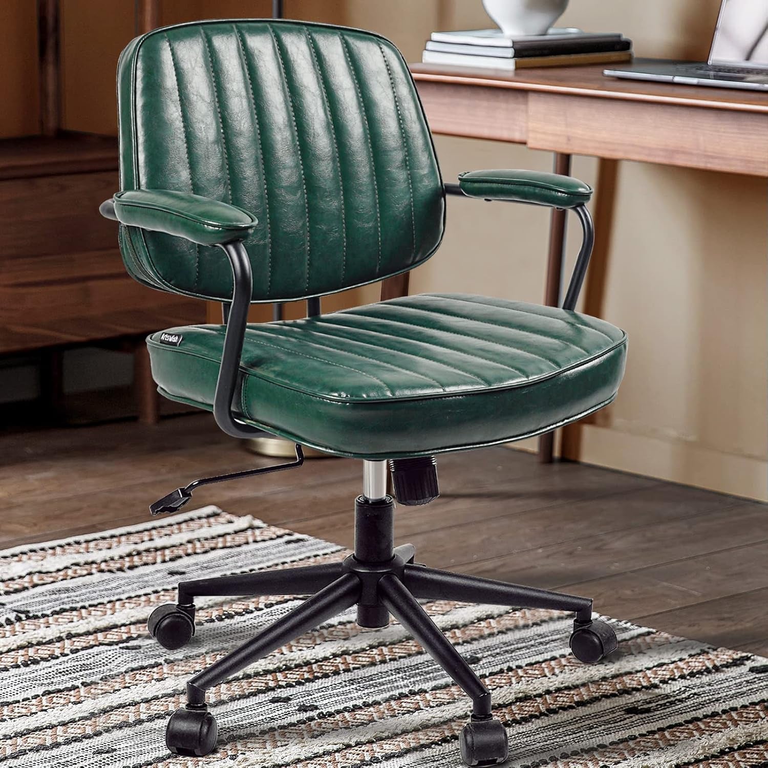 Mid Century Office Chair Leather Desk Chair Green Office Desk Chair Home Office Chair with Wheels and Arms-0