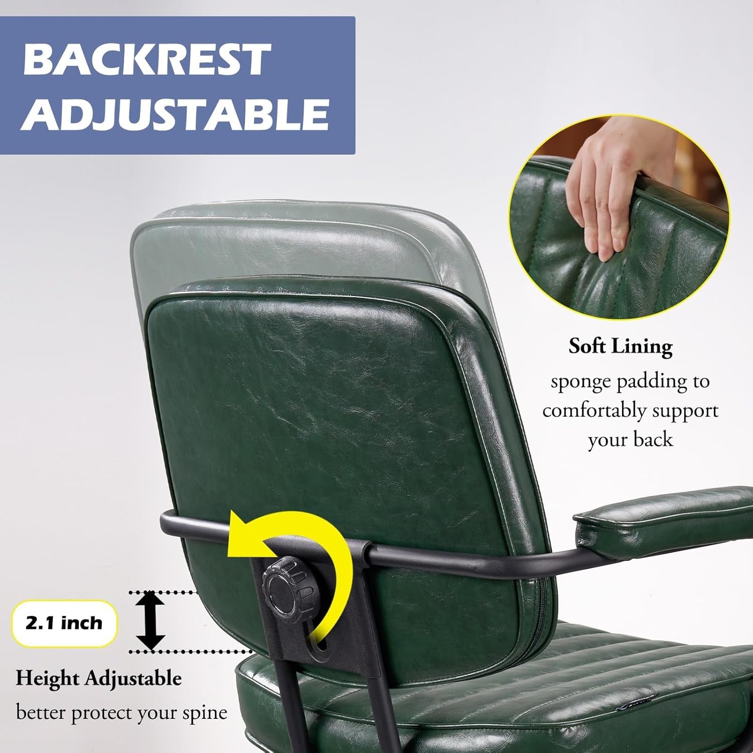 Mid Century Office Chair Leather Desk Chair Green Office Desk Chair Home Office Chair with Wheels and Arms-3