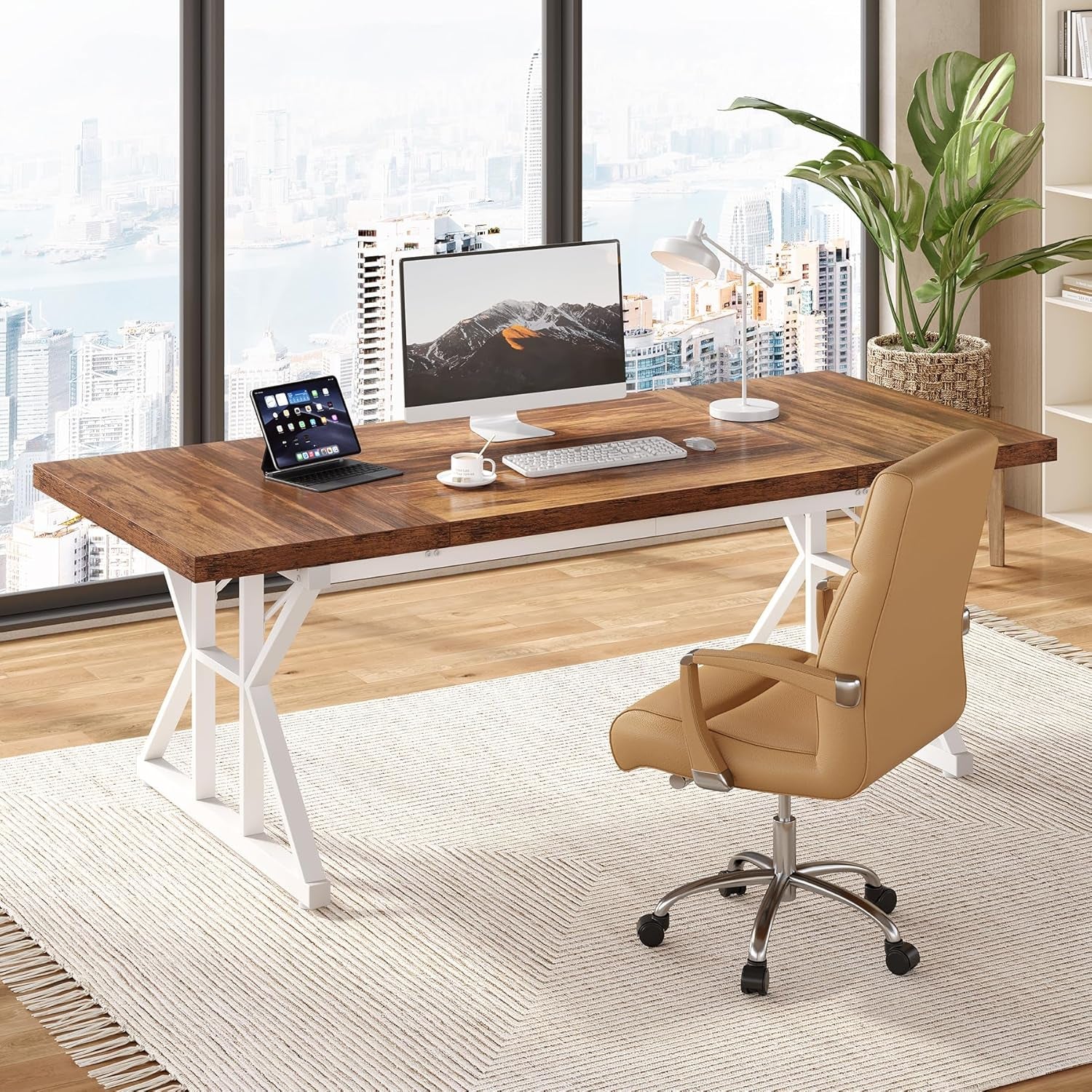 70.8-Inch Large Executive Desk, Modern Computer Office Desk, Wooden Writing Desk Study Table for Home Office-1