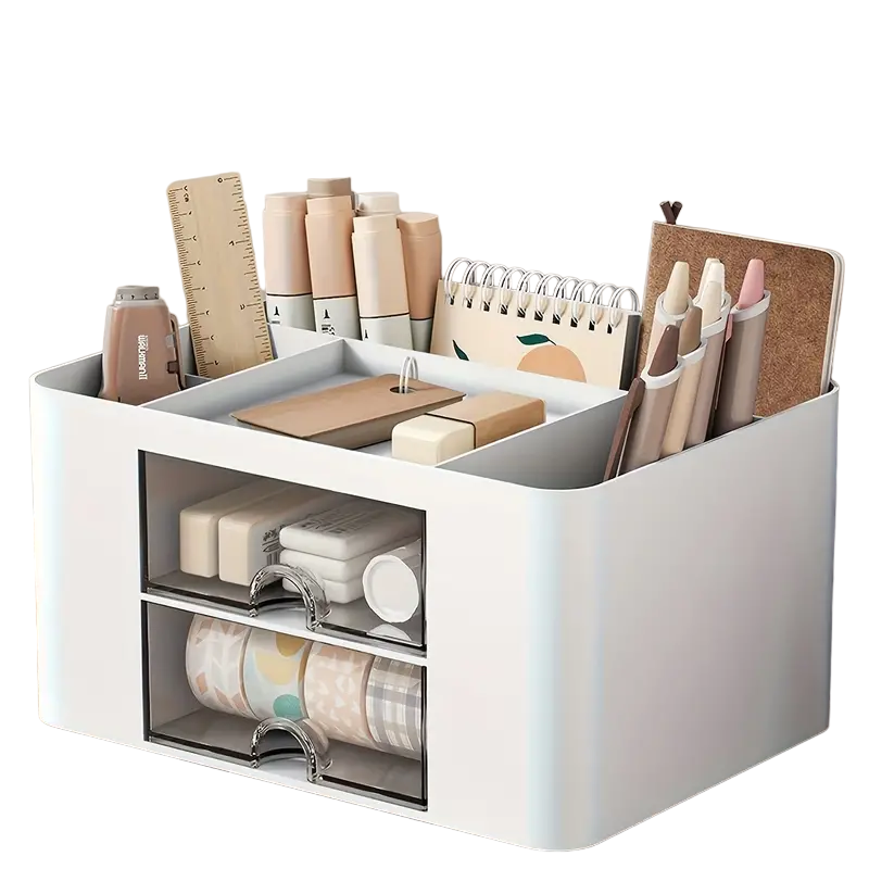 White Pen Organizer with 2 Drawers - Multi-Functional Desk and Office Supplies Holder- White-0