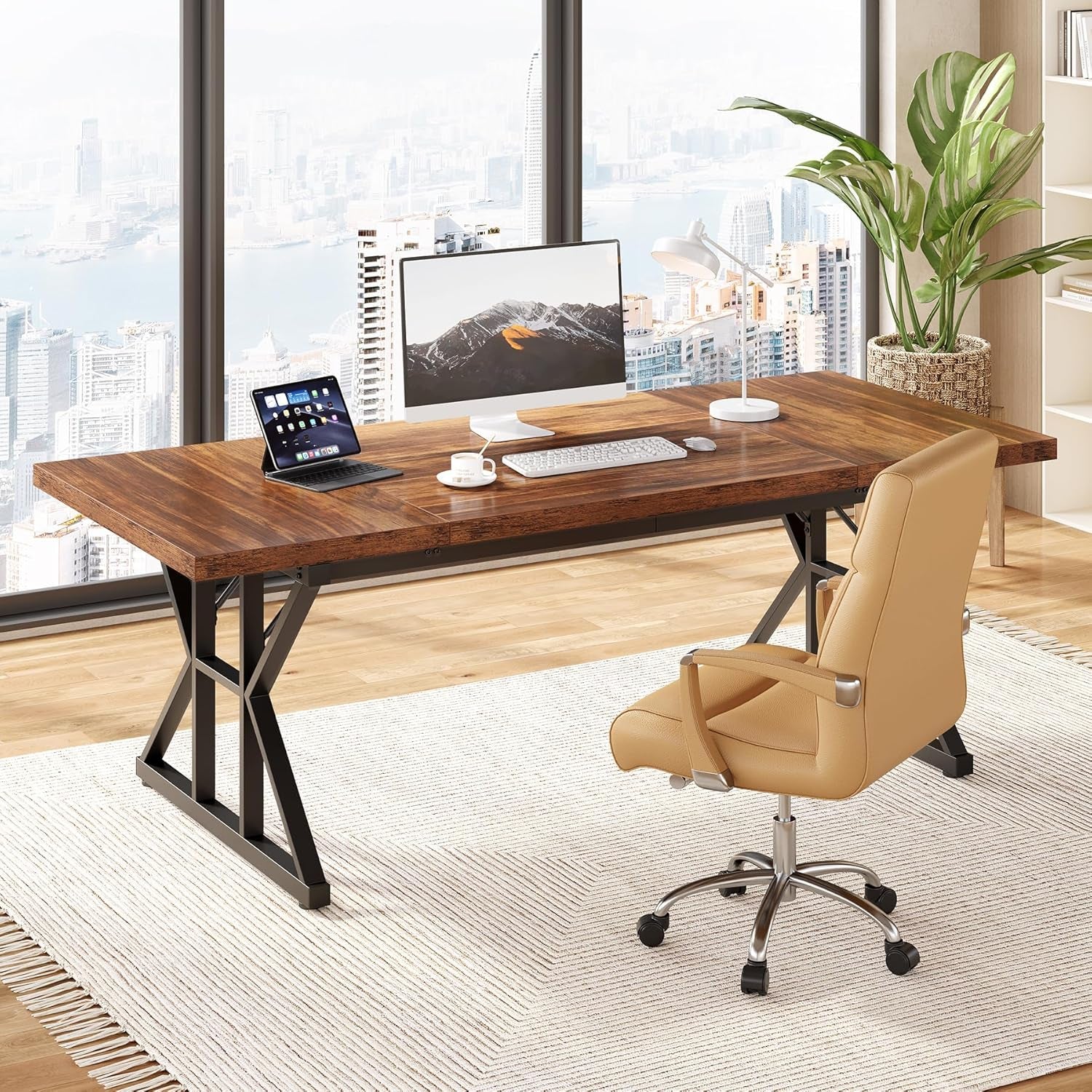 70.8-Inch Office Desk, Wooden Executive Office Desk, Modern Work Desk, Large Farmhouse Writing Table Computer Desk for Home, Brown-Black-1