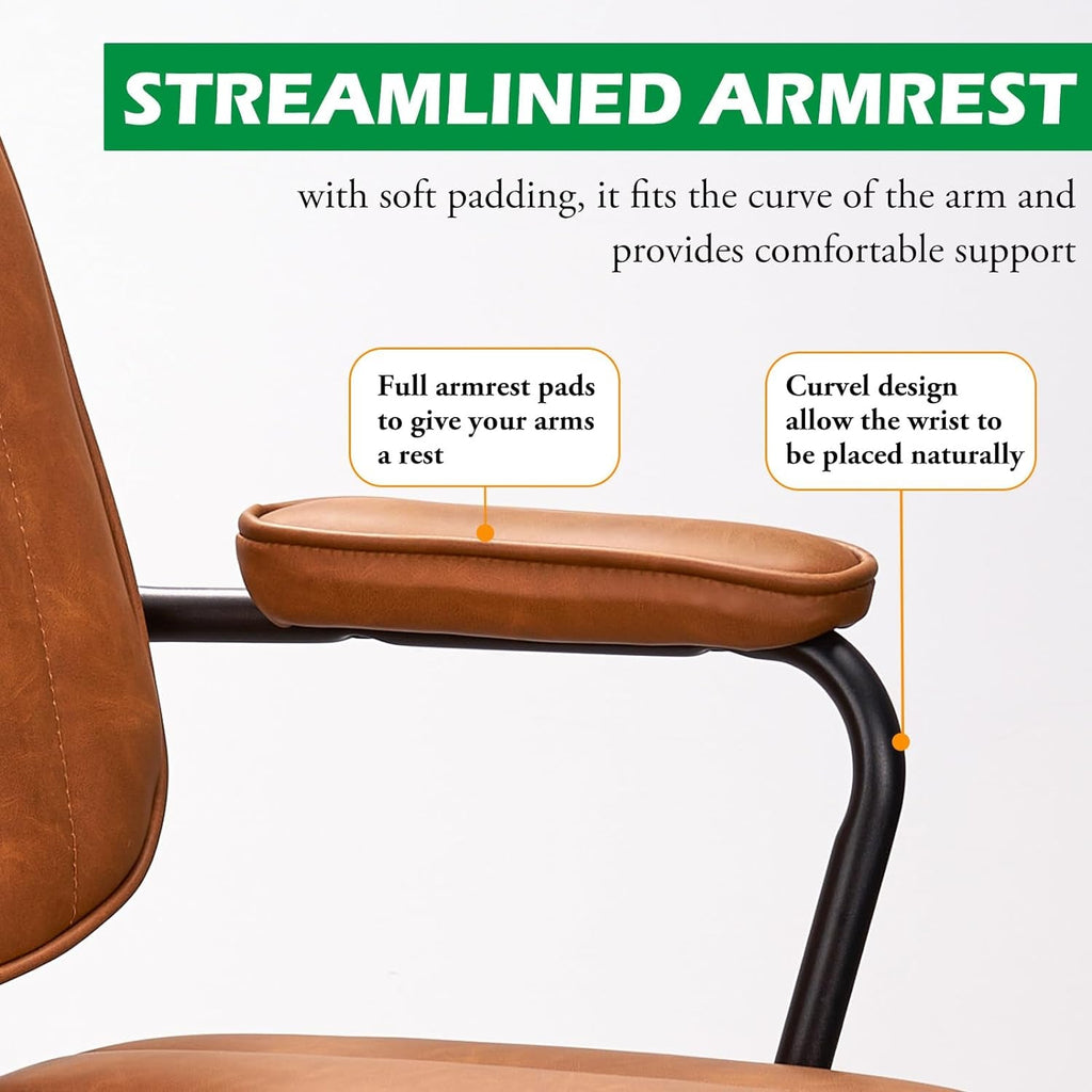 Mid Century Desk Chair Leather Office Chair Brown Office Desk Chair Home Office Chair with Wheels and Arms-4