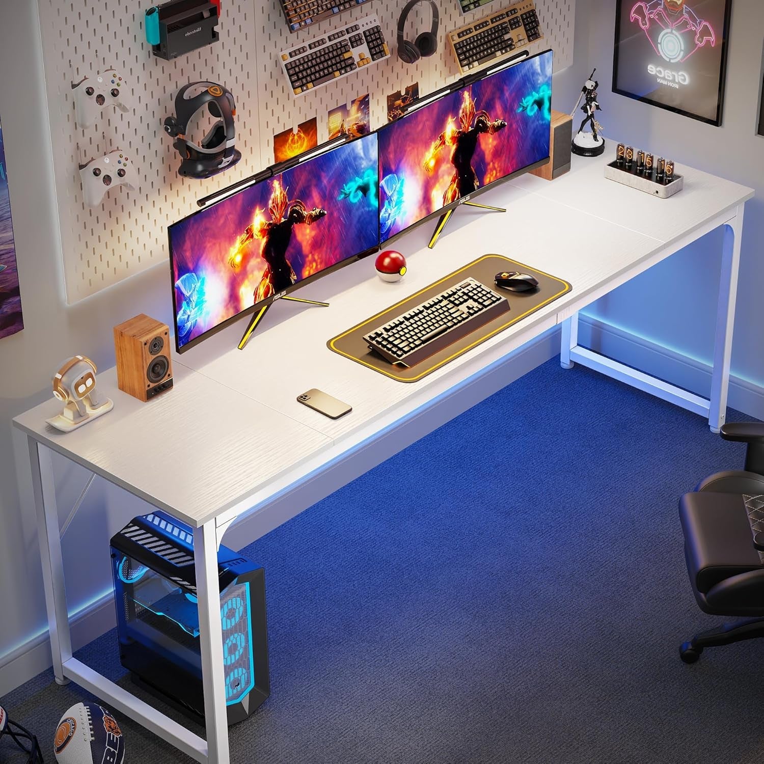 Computer Desk, 80 Inch Office Desk, Gaming Desk with Storage, Writing Desk Work Desk for Home Office, Study, Long Simple Desk, Large Legroom, Metal Frame, White-3