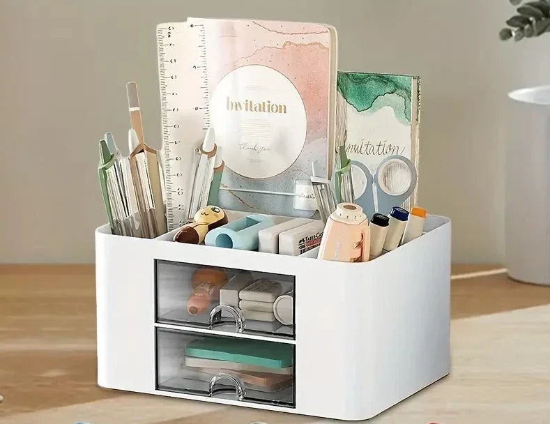 White Pen Organizer with 2 Drawers - Multi-Functional Desk and Office Supplies Holder- White-2