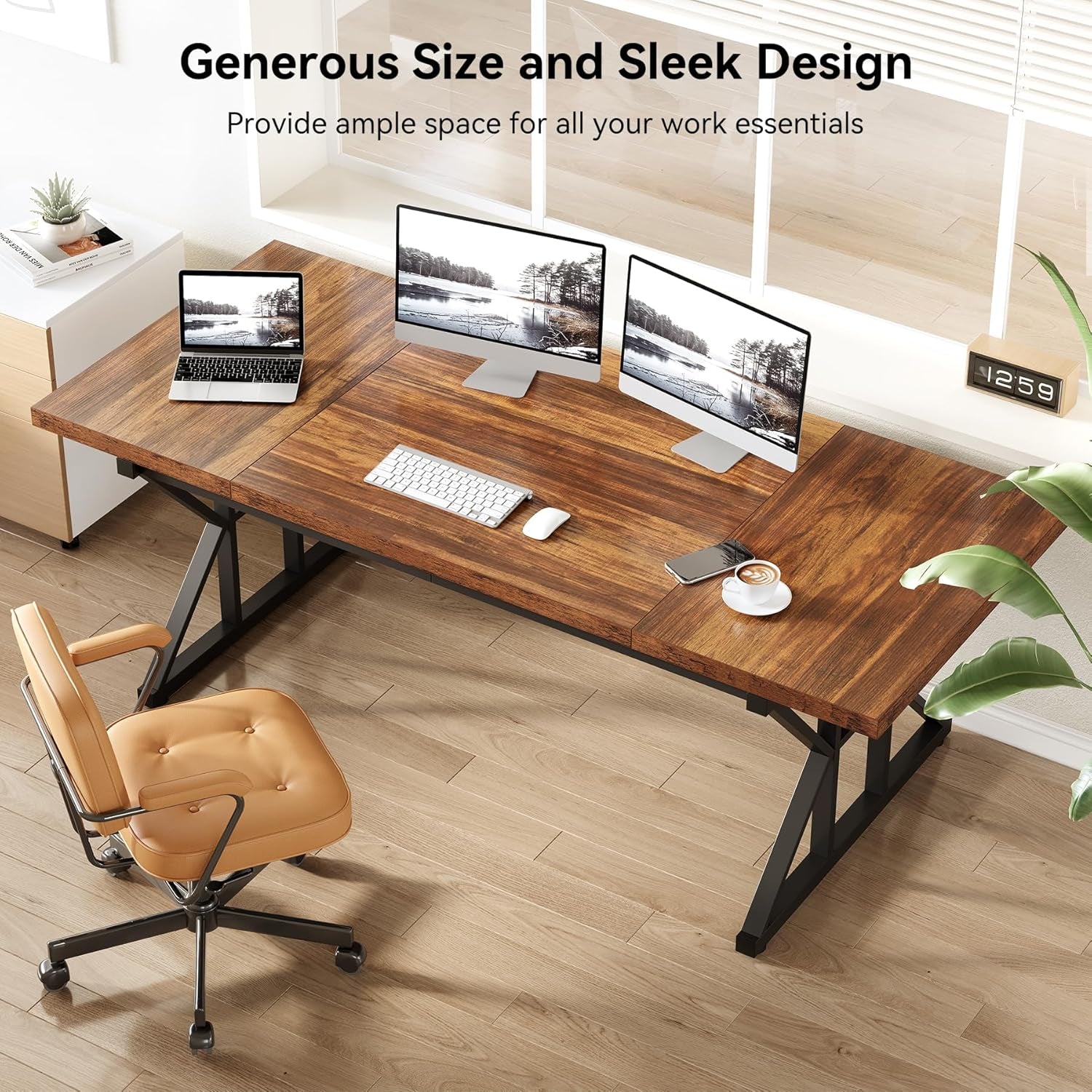 70.8-Inch Office Desk, Wooden Executive Office Desk, Modern Work Desk, Large Farmhouse Writing Table Computer Desk for Home, Brown-Black-4