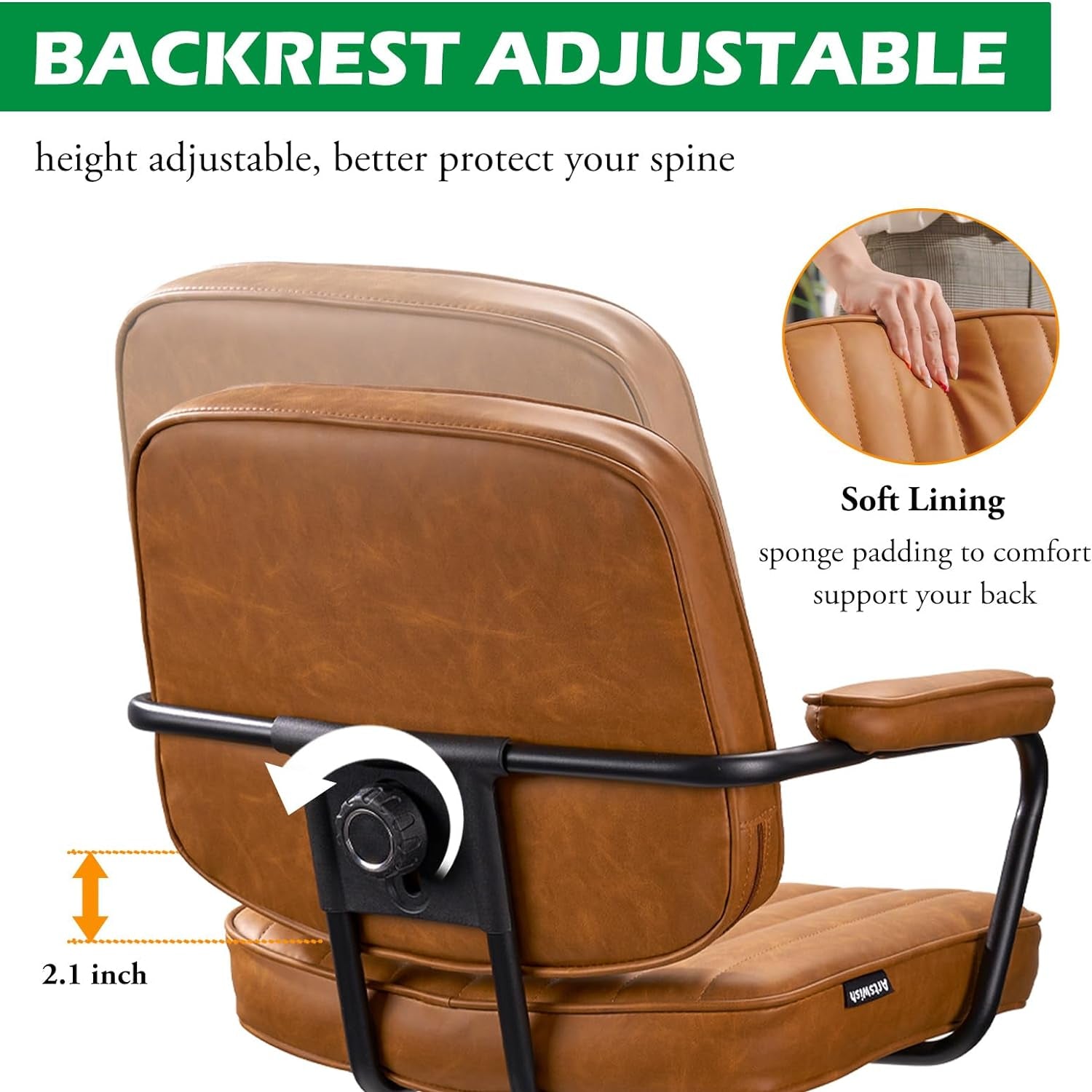 Mid Century Desk Chair Leather Office Chair Brown Office Desk Chair Home Office Chair with Wheels and Arms-3