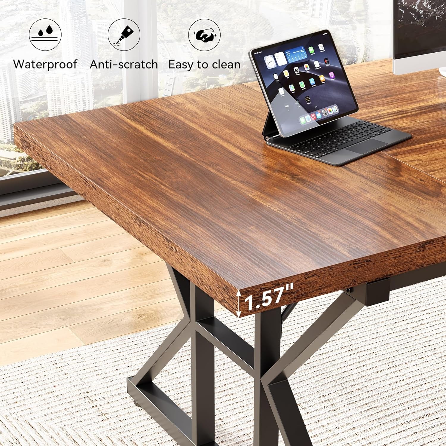 70.8-Inch Office Desk, Wooden Executive Office Desk, Modern Work Desk, Large Farmhouse Writing Table Computer Desk for Home, Brown-Black-3